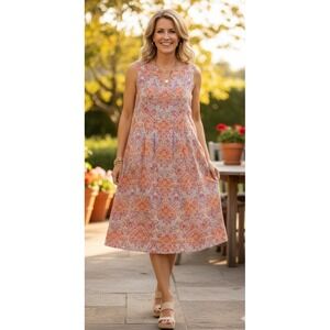 J.‎ Jill Love Linen Paisley Split Neck Sleeveless Midi Dress Orange Pink MP